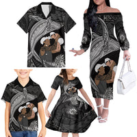 Father's Day Polynesian Pattern Family Matching Off The Shoulder Long Sleeve Dress and Hawaiian Shirt Tropical Humpback Whale - Black LT7 - Polynesian Pride