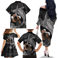 Father's Day Polynesian Pattern Family Matching Off The Shoulder Long Sleeve Dress and Hawaiian Shirt Tropical Humpback Whale - Black LT7 - Polynesian Pride