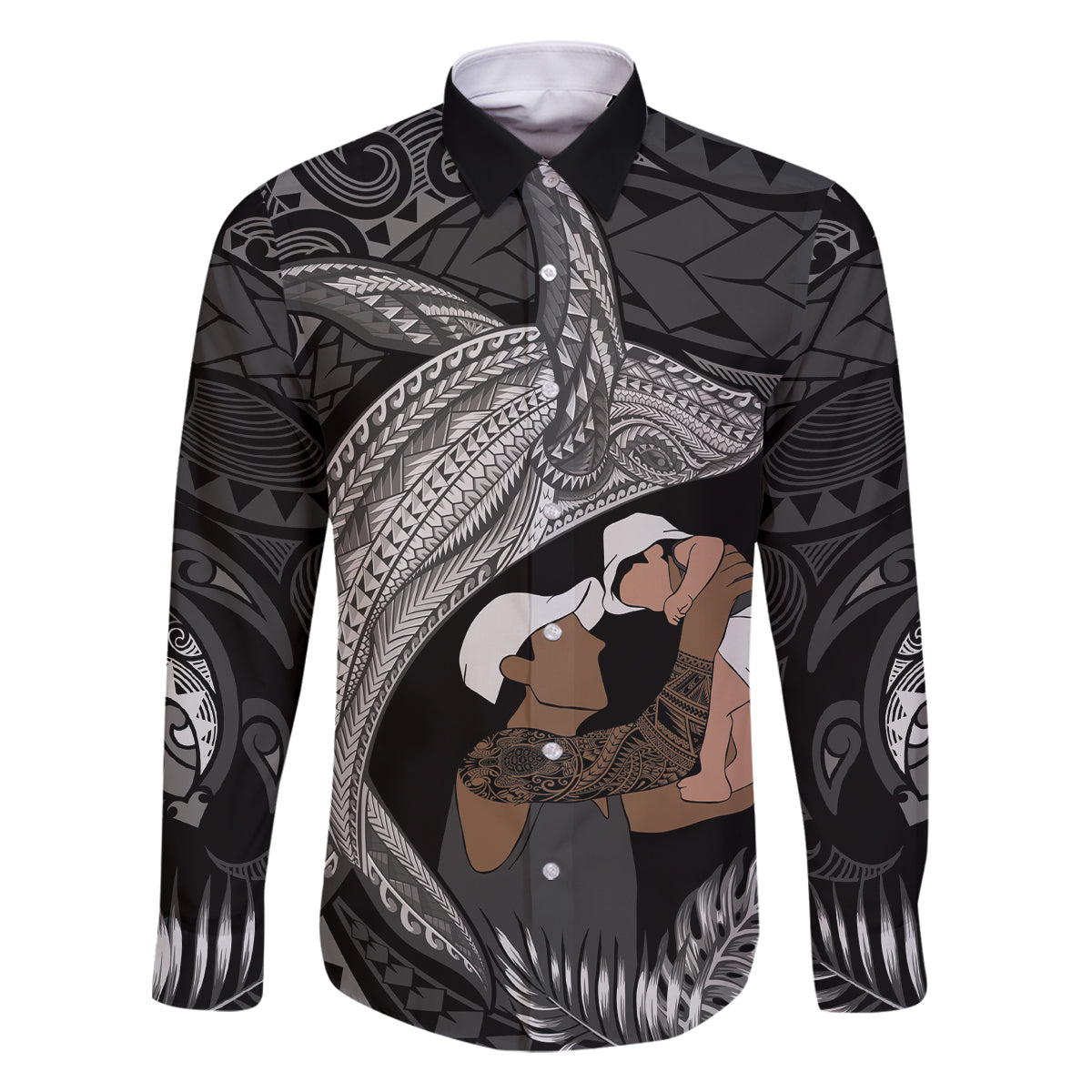 Father's Day Polynesian Pattern Family Matching Off The Shoulder Long Sleeve Dress and Hawaiian Shirt Tropical Humpback Whale - Black LT7 Dad's Shirt - Long Sleeve Black - Polynesian Pride