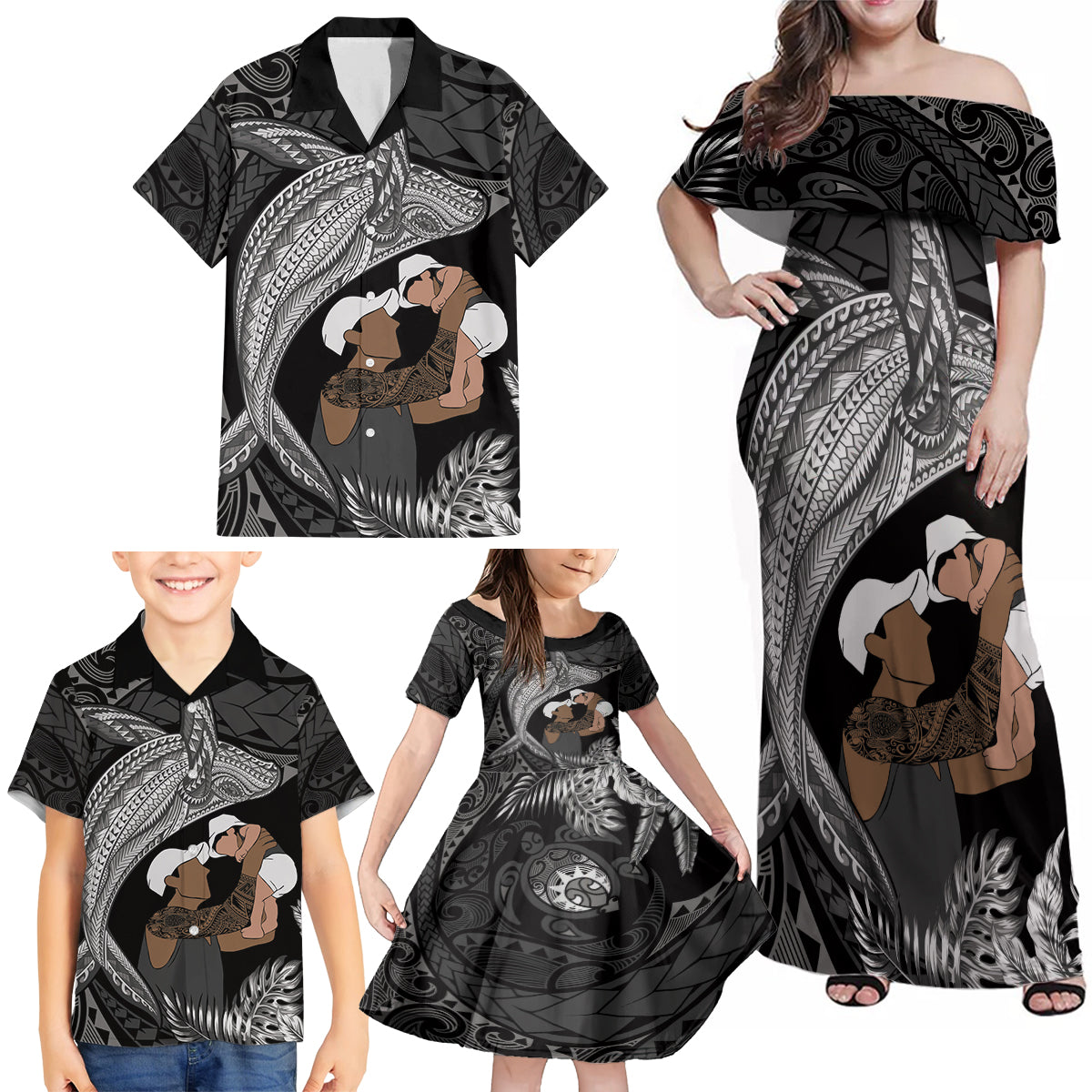 Father's Day Polynesian Pattern Family Matching Off Shoulder Maxi Dress and Hawaiian Shirt Tropical Humpback Whale - Black LT7 - Polynesian Pride
