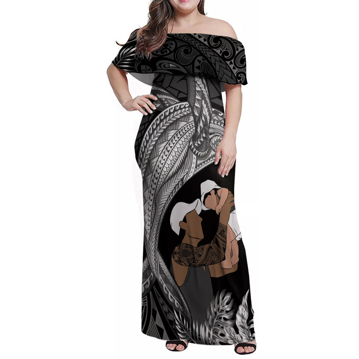 Father's Day Polynesian Pattern Family Matching Off Shoulder Maxi Dress and Hawaiian Shirt Tropical Humpback Whale - Black LT7 Mom's Dress Black - Polynesian Pride