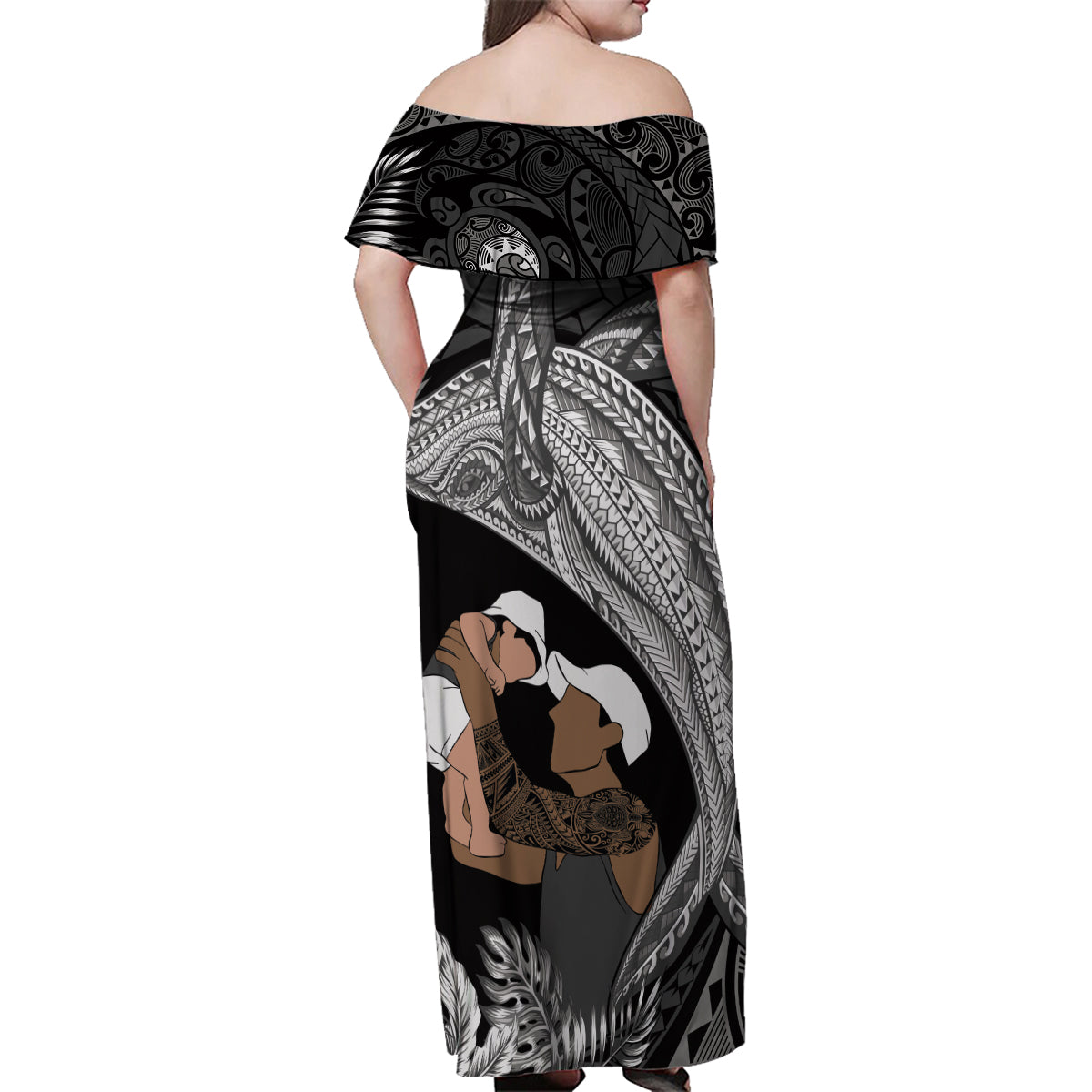 Father's Day Polynesian Pattern Family Matching Off Shoulder Maxi Dress and Hawaiian Shirt Tropical Humpback Whale - Black LT7 - Polynesian Pride