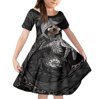 Father's Day Polynesian Pattern Family Matching Off Shoulder Short Dress and Hawaiian Shirt Tropical Humpback Whale - Black LT7 Daughter's Dress Black - Polynesian Pride