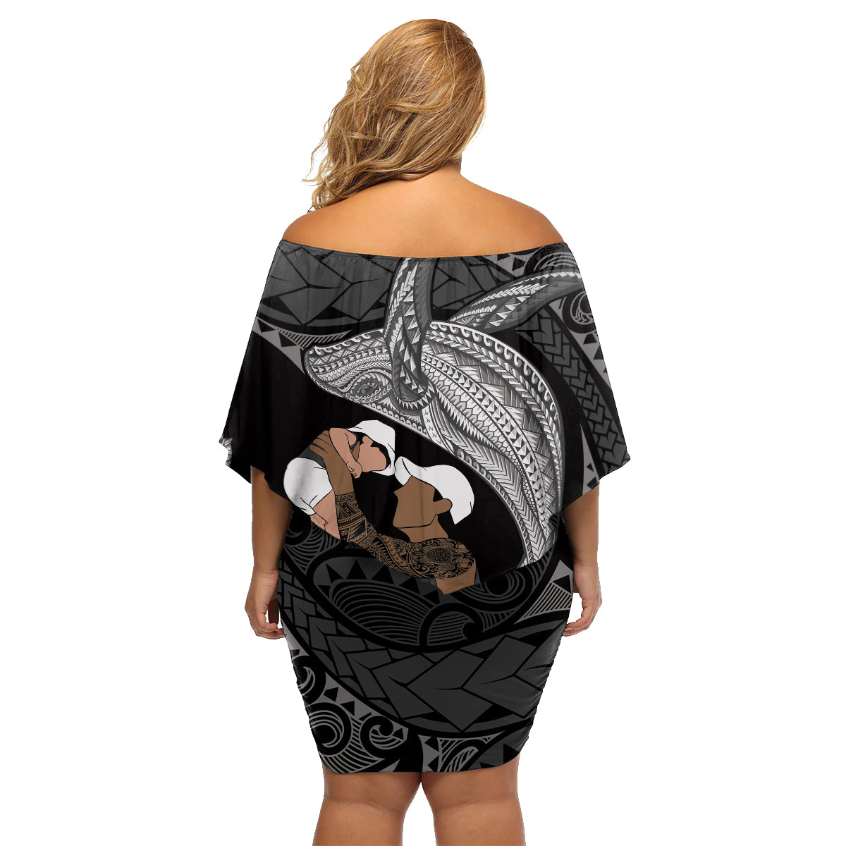 Father's Day Polynesian Pattern Family Matching Off Shoulder Short Dress and Hawaiian Shirt Tropical Humpback Whale - Black LT7 - Polynesian Pride
