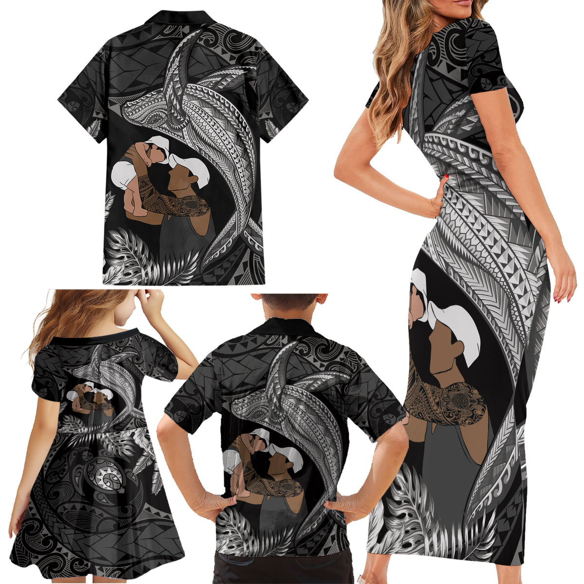 Father's Day Polynesian Pattern Family Matching Short Sleeve Bodycon Dress and Hawaiian Shirt Tropical Humpback Whale - Black LT7 - Polynesian Pride