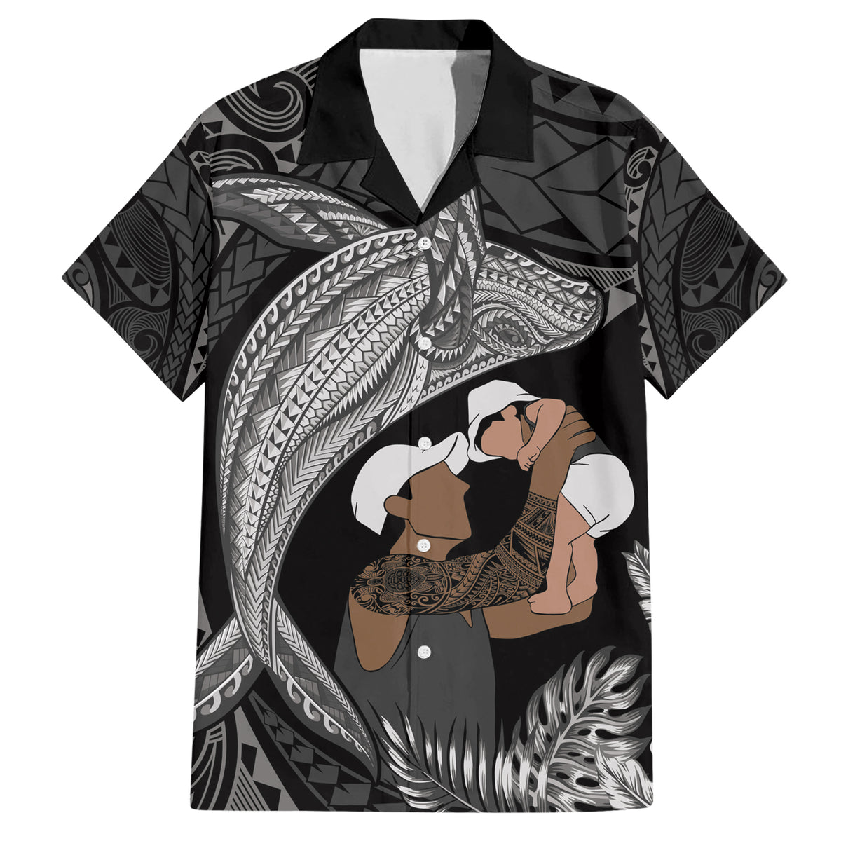 Father's Day Polynesian Pattern Family Matching Short Sleeve Bodycon Dress and Hawaiian Shirt Tropical Humpback Whale - Black LT7 Dad's Shirt - Short Sleeve Black - Polynesian Pride