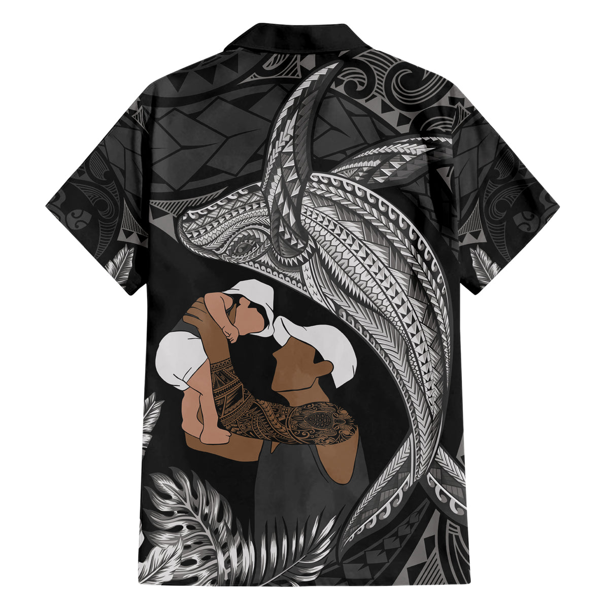 Father's Day Polynesian Pattern Family Matching Short Sleeve Bodycon Dress and Hawaiian Shirt Tropical Humpback Whale - Black LT7 - Polynesian Pride