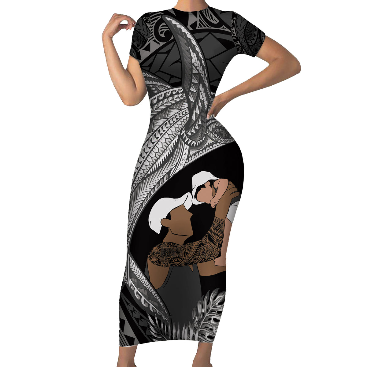 Father's Day Polynesian Pattern Family Matching Short Sleeve Bodycon Dress and Hawaiian Shirt Tropical Humpback Whale - Black LT7 Mom's Dress Black - Polynesian Pride