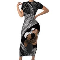 Father's Day Polynesian Pattern Family Matching Short Sleeve Bodycon Dress and Hawaiian Shirt Tropical Humpback Whale - Black LT7 Mom's Dress Black - Polynesian Pride