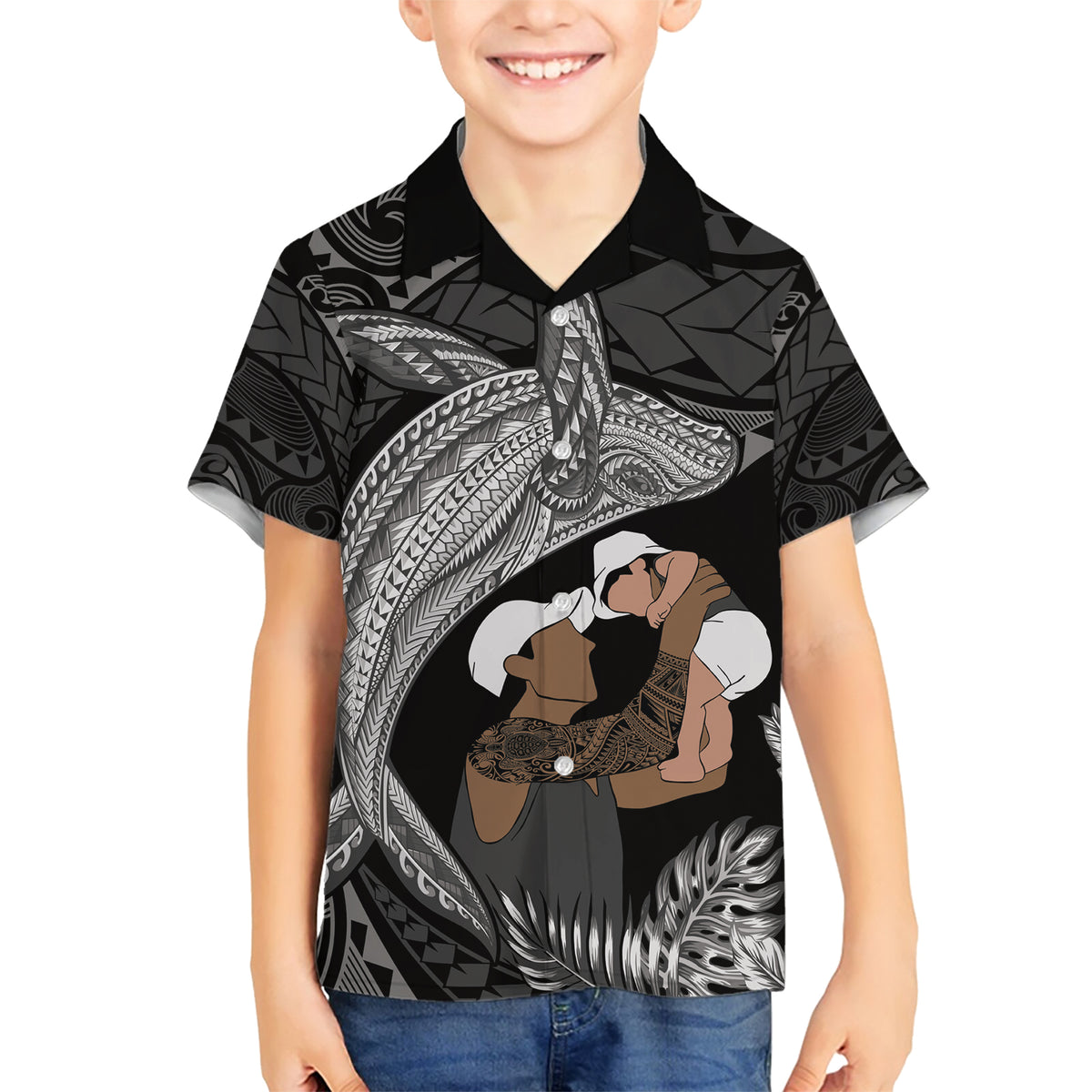Father's Day Polynesian Pattern Family Matching Short Sleeve Bodycon Dress and Hawaiian Shirt Tropical Humpback Whale - Black LT7 Son's Shirt Black - Polynesian Pride