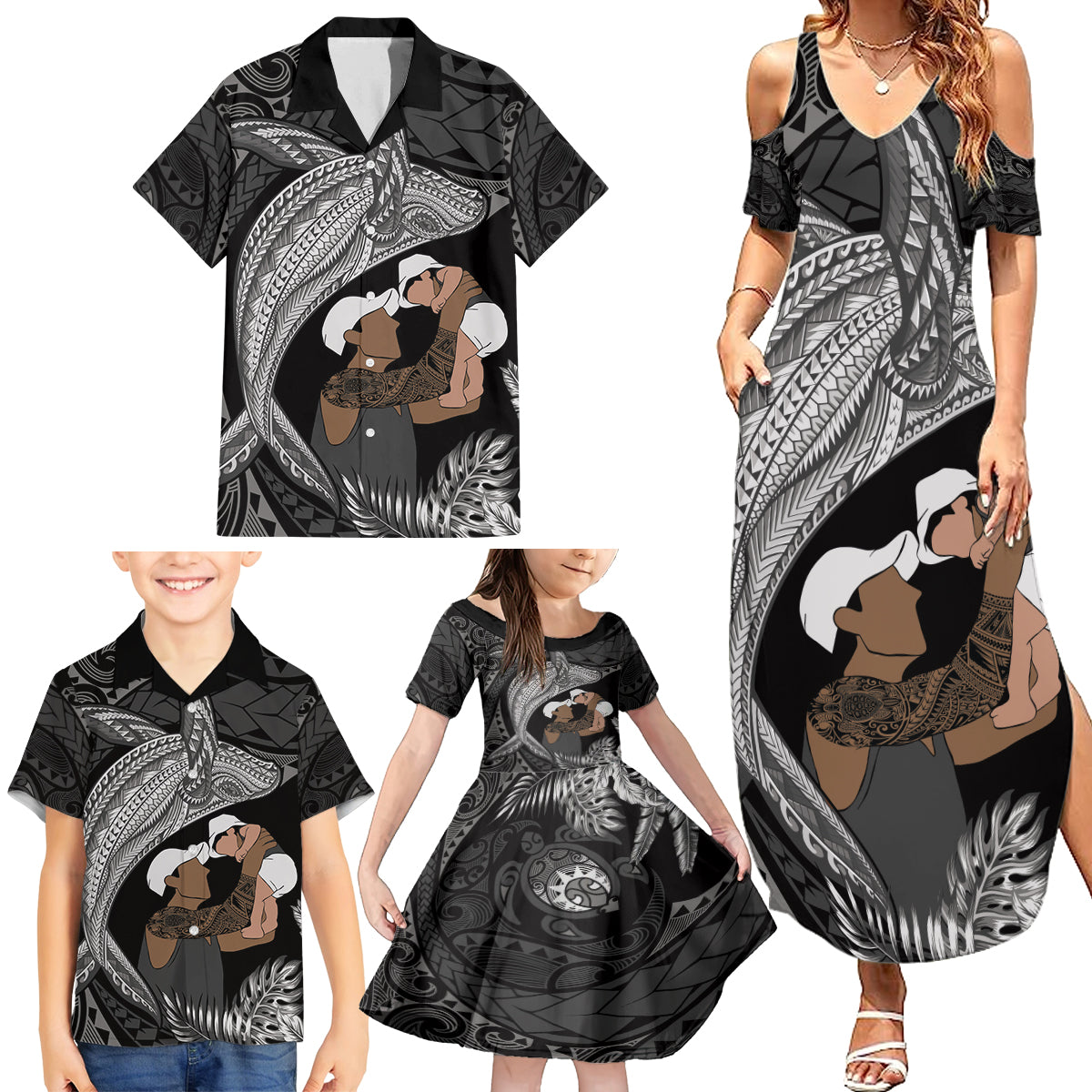 Father's Day Polynesian Pattern Family Matching Summer Maxi Dress and Hawaiian Shirt Tropical Humpback Whale - Black LT7 - Polynesian Pride