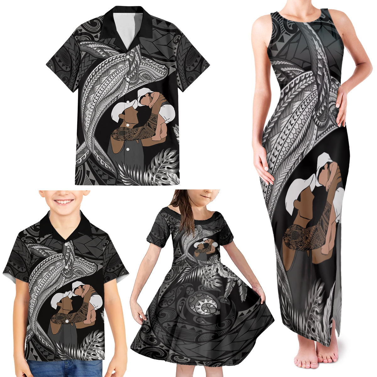 Father's Day Polynesian Pattern Family Matching Tank Maxi Dress and Hawaiian Shirt Tropical Humpback Whale - Black LT7 - Polynesian Pride