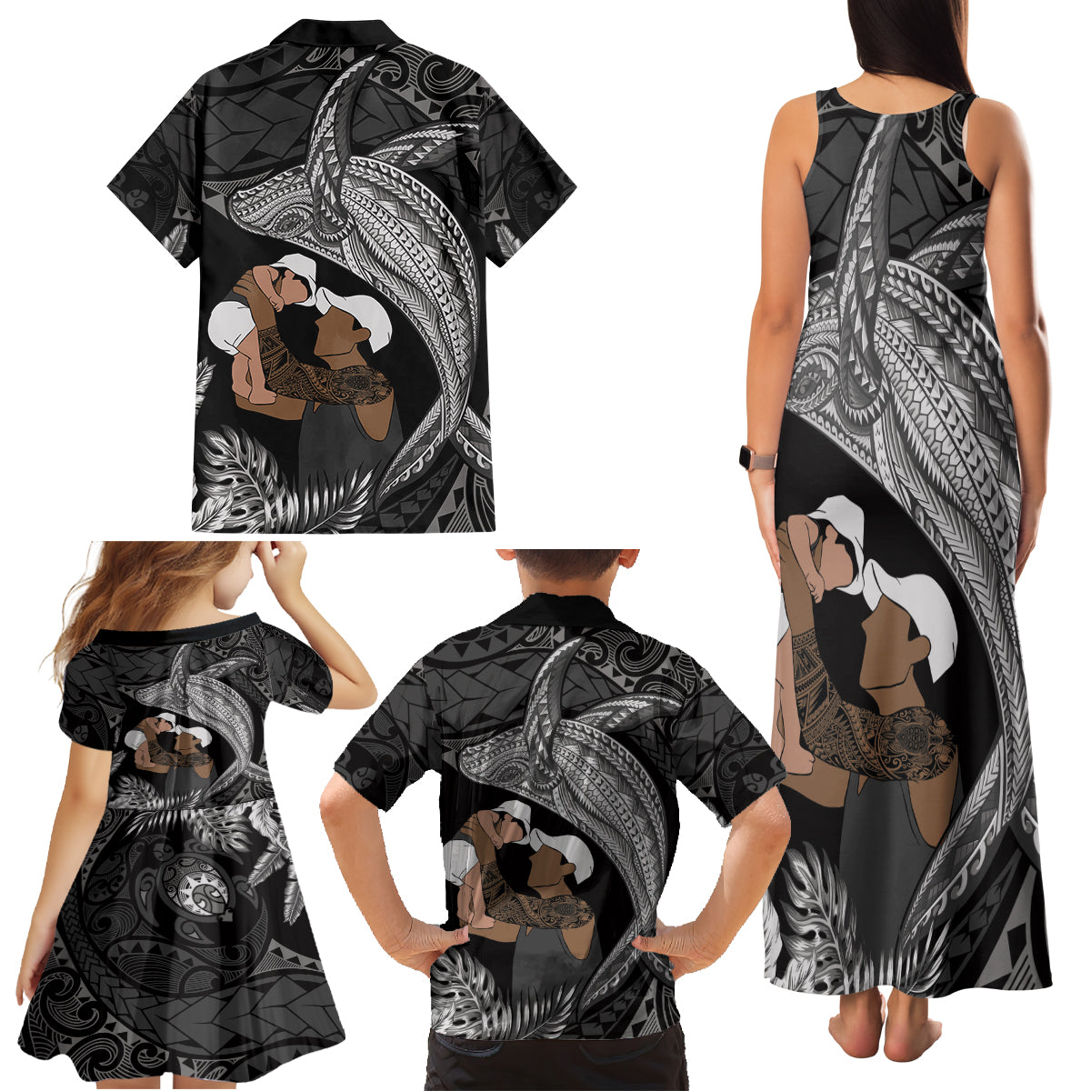 Father's Day Polynesian Pattern Family Matching Tank Maxi Dress and Hawaiian Shirt Tropical Humpback Whale - Black LT7 - Polynesian Pride
