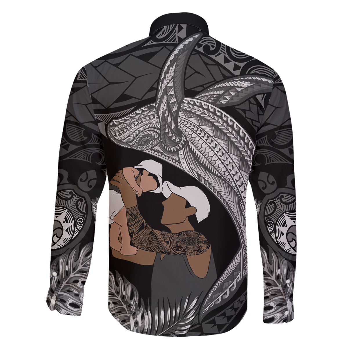 Father's Day Polynesian Pattern Family Matching Tank Maxi Dress and Hawaiian Shirt Tropical Humpback Whale - Black LT7 - Polynesian Pride