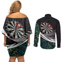 Personalized NZ Darts Couples Matching Off Shoulder Short Dress and Long Sleeve Button Shirt Paua Shell Maori Koru Whakairo LT7 - Polynesian Pride