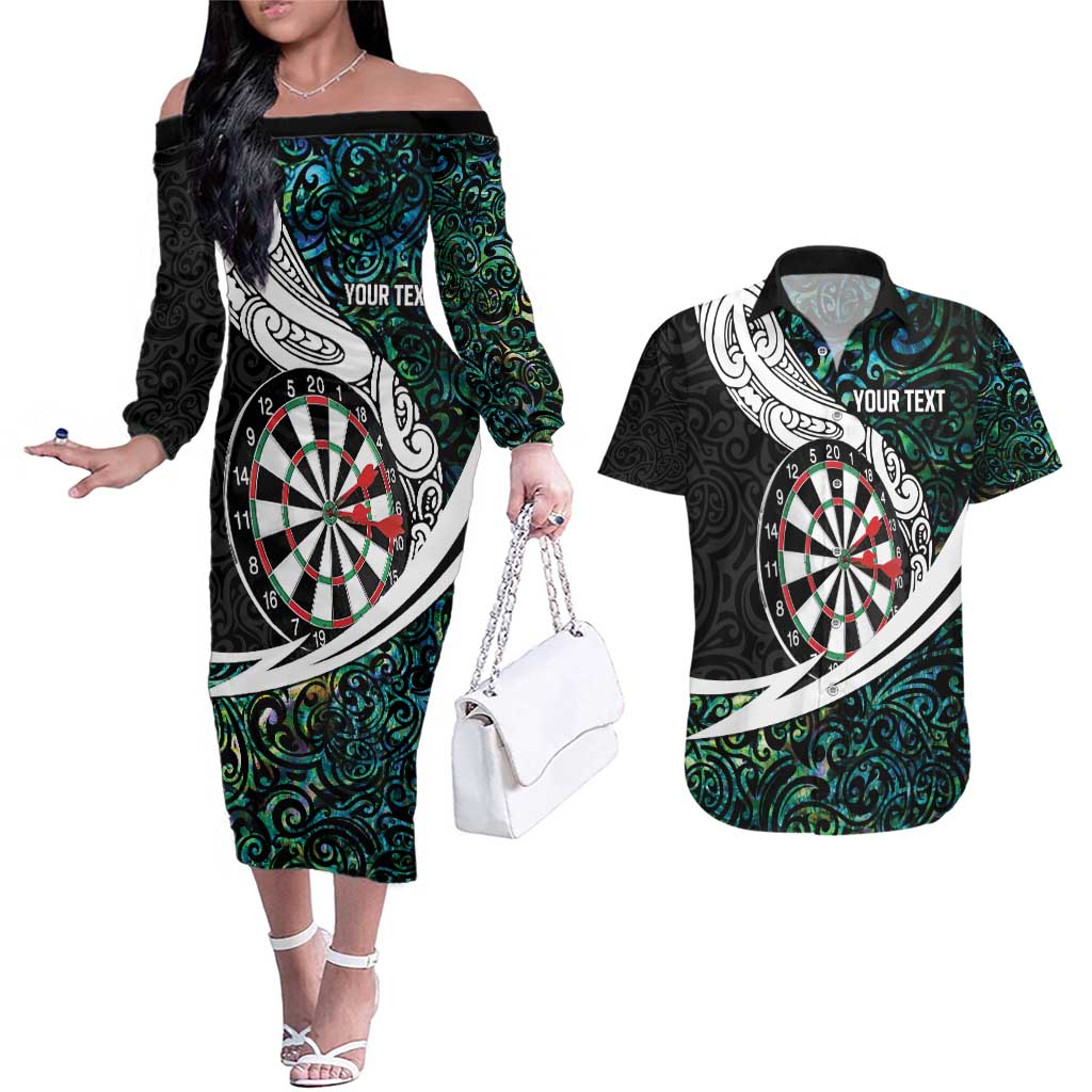 Personalized NZ Darts Couples Matching Off The Shoulder Long Sleeve Dress and Hawaiian Shirt Paua Shell Maori Koru Whakairo LT7 Colorful - Polynesian Pride