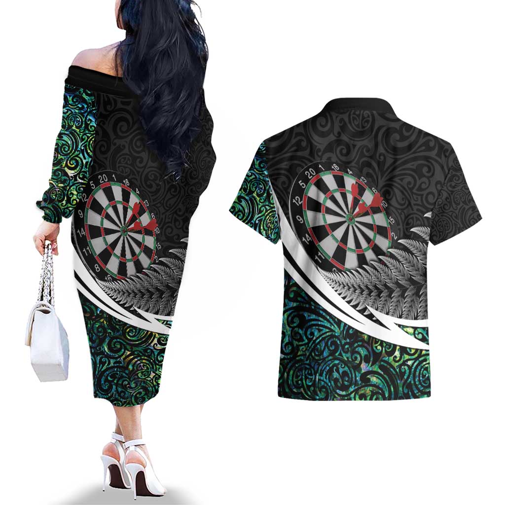 Personalized NZ Darts Couples Matching Off The Shoulder Long Sleeve Dress and Hawaiian Shirt Paua Shell Maori Koru Whakairo LT7 - Polynesian Pride