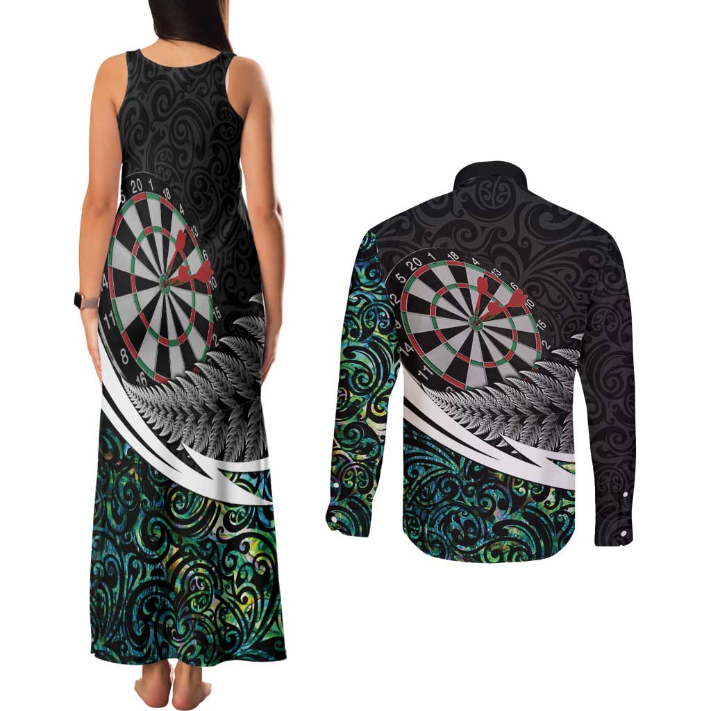 Personalized NZ Darts Couples Matching Tank Maxi Dress and Long Sleeve Button Shirt Paua Shell Maori Koru Whakairo LT7 - Polynesian Pride