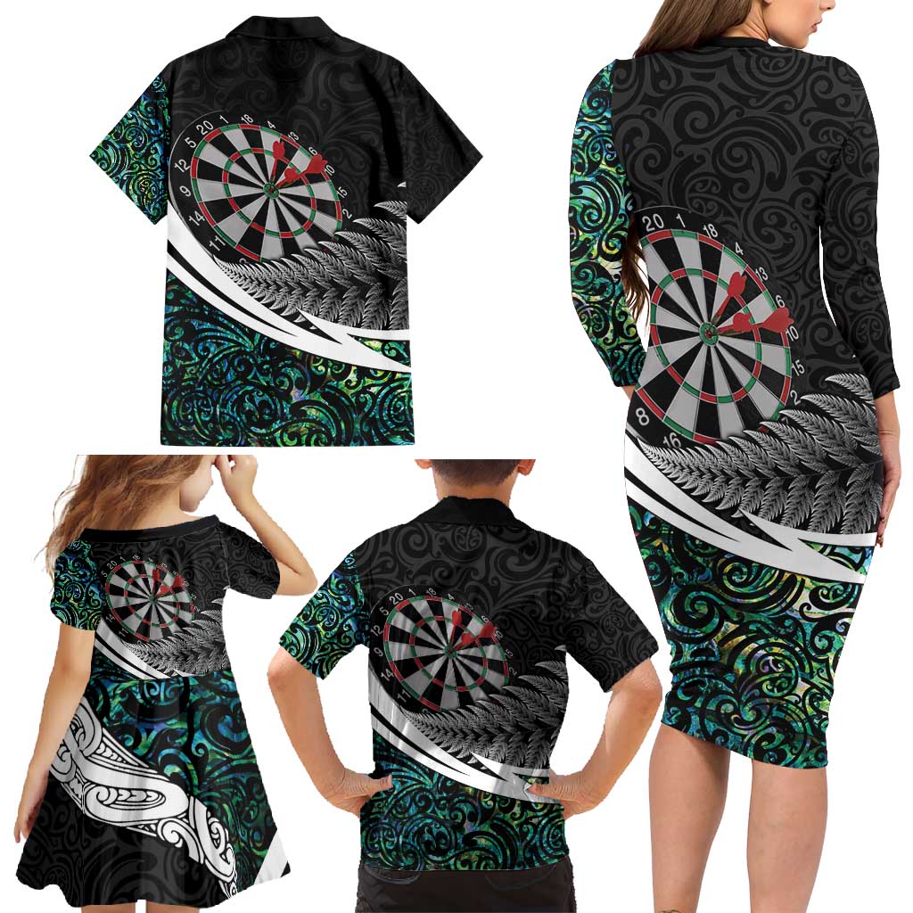 Personalized NZ Darts Family Matching Long Sleeve Bodycon Dress and Hawaiian Shirt Paua Shell Maori Koru Whakairo LT7 - Polynesian Pride