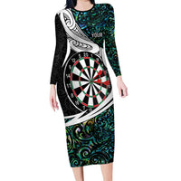 Personalized NZ Darts Family Matching Long Sleeve Bodycon Dress and Hawaiian Shirt Paua Shell Maori Koru Whakairo LT7 Mom's Dress Colorful - Polynesian Pride
