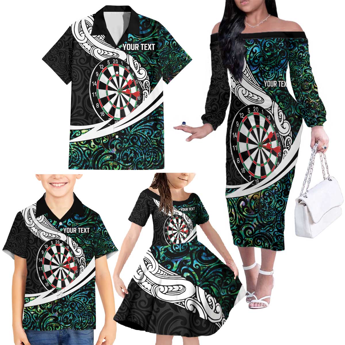Personalized NZ Darts Family Matching Off The Shoulder Long Sleeve Dress and Hawaiian Shirt Paua Shell Maori Koru Whakairo LT7 - Polynesian Pride