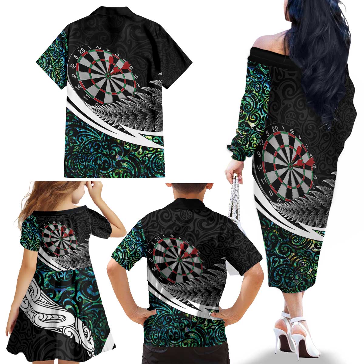Personalized NZ Darts Family Matching Off The Shoulder Long Sleeve Dress and Hawaiian Shirt Paua Shell Maori Koru Whakairo LT7 - Polynesian Pride