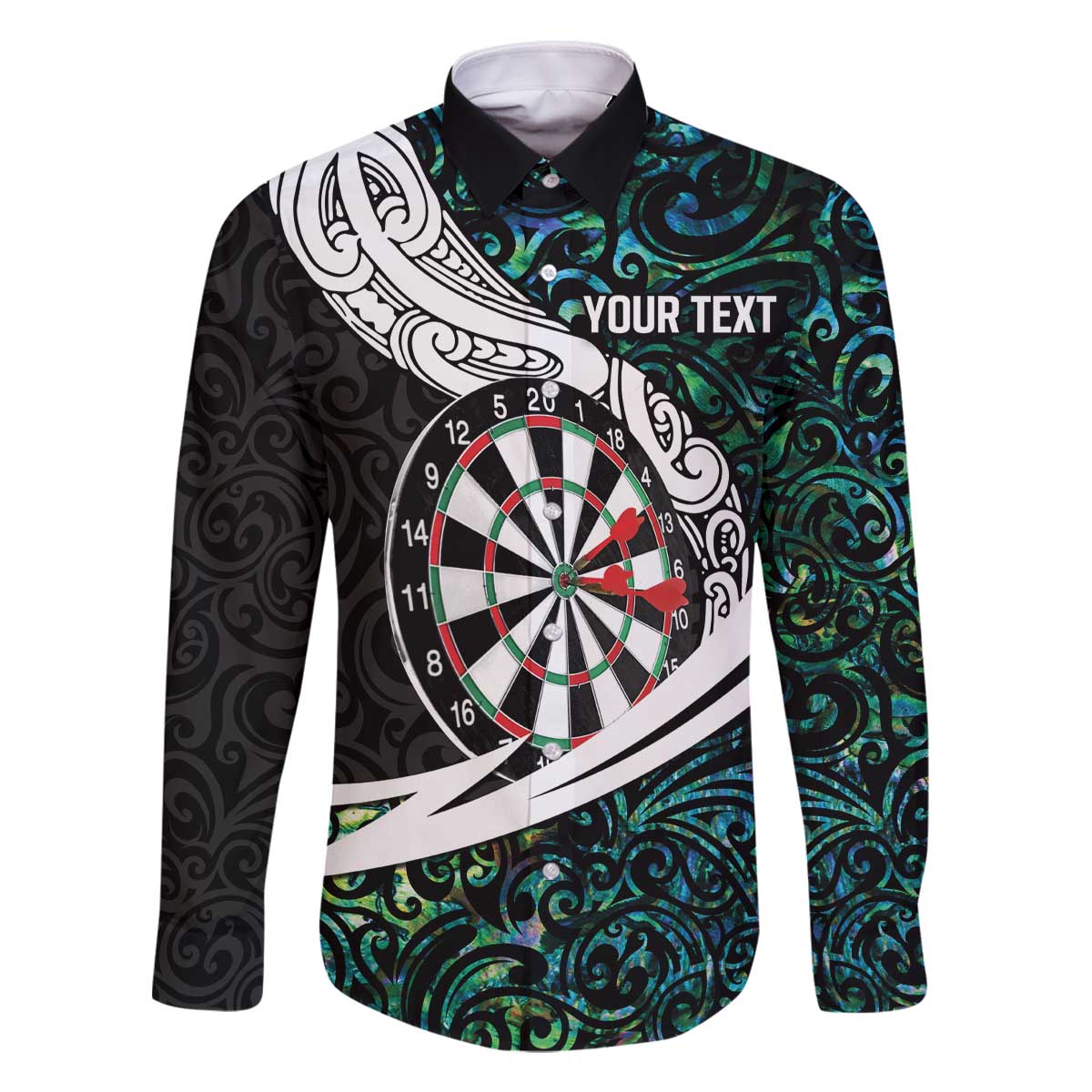 Personalized NZ Darts Family Matching Off The Shoulder Long Sleeve Dress and Hawaiian Shirt Paua Shell Maori Koru Whakairo LT7 Dad's Shirt - Long Sleeve Colorful - Polynesian Pride