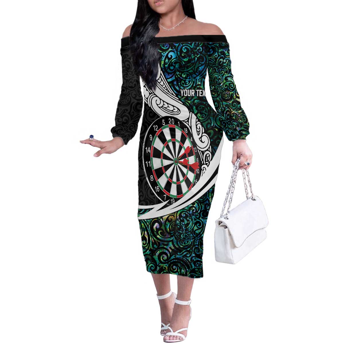 Personalized NZ Darts Family Matching Off The Shoulder Long Sleeve Dress and Hawaiian Shirt Paua Shell Maori Koru Whakairo LT7 Mom's Dress Colorful - Polynesian Pride