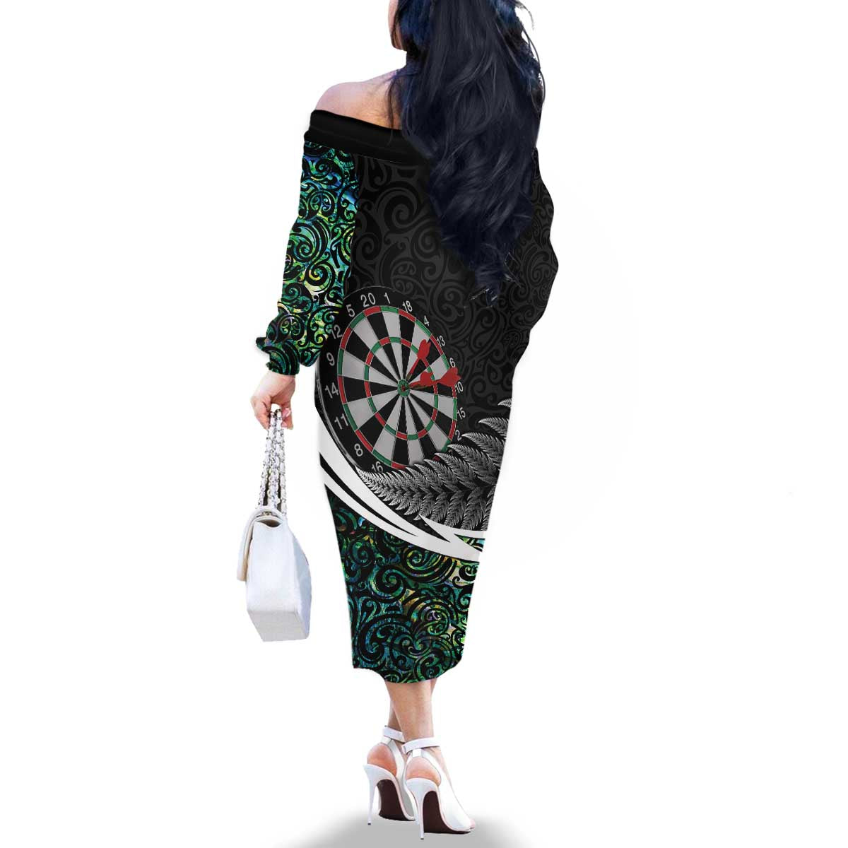Personalized NZ Darts Family Matching Off The Shoulder Long Sleeve Dress and Hawaiian Shirt Paua Shell Maori Koru Whakairo LT7 - Polynesian Pride