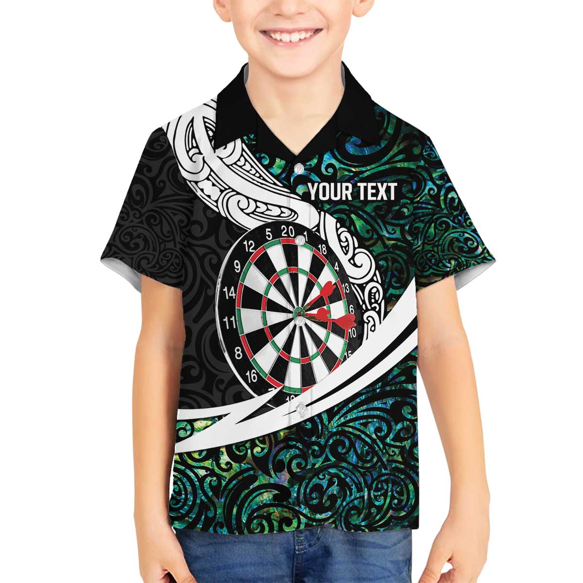 Personalized NZ Darts Family Matching Off The Shoulder Long Sleeve Dress and Hawaiian Shirt Paua Shell Maori Koru Whakairo LT7 Son's Shirt Colorful - Polynesian Pride