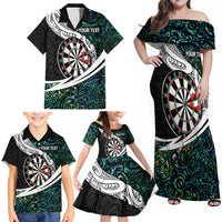 Personalized NZ Darts Family Matching Off Shoulder Maxi Dress and Hawaiian Shirt Paua Shell Maori Koru Whakairo LT7 - Polynesian Pride