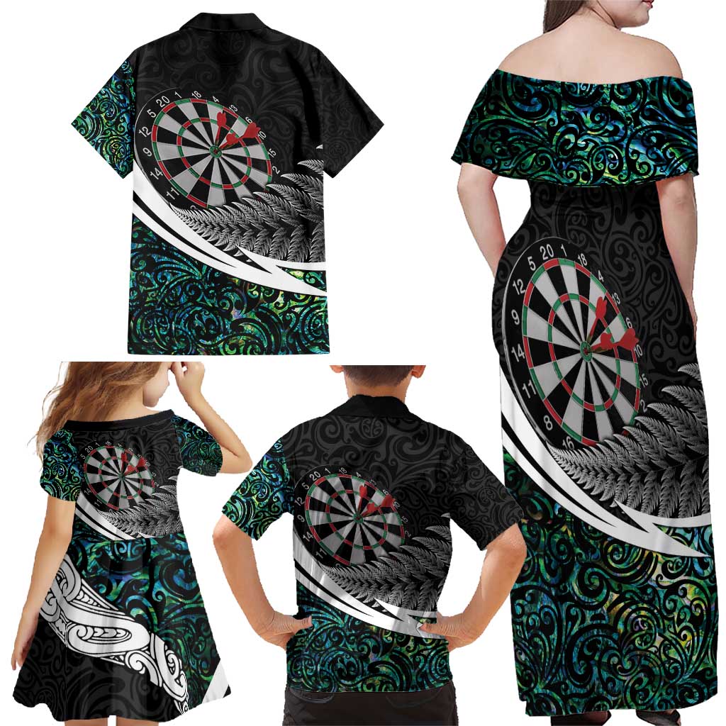 Personalized NZ Darts Family Matching Off Shoulder Maxi Dress and Hawaiian Shirt Paua Shell Maori Koru Whakairo LT7 - Polynesian Pride