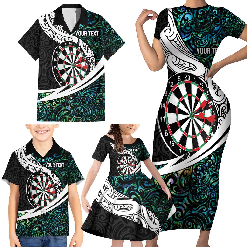 Personalized NZ Darts Family Matching Short Sleeve Bodycon Dress and Hawaiian Shirt Paua Shell Maori Koru Whakairo LT7 - Polynesian Pride