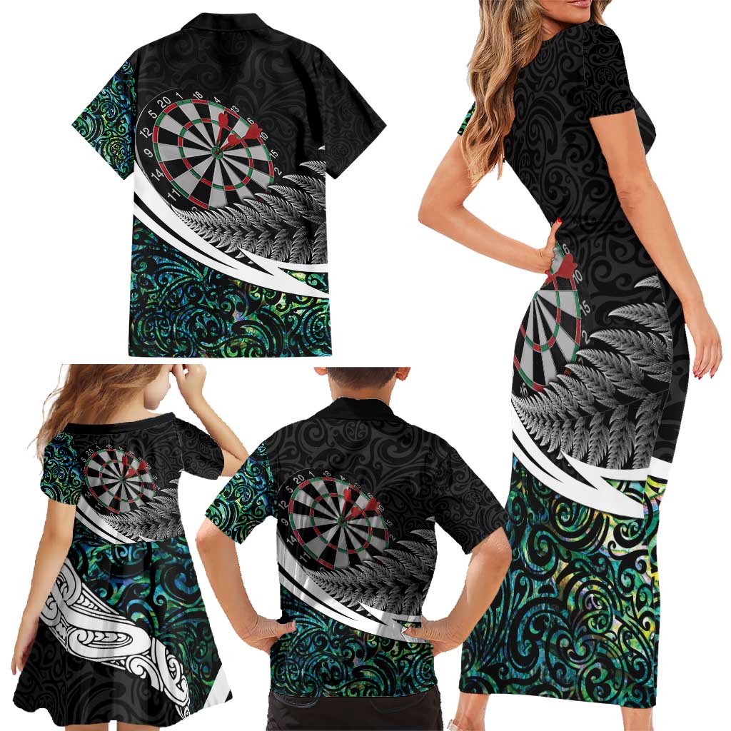 Personalized NZ Darts Family Matching Short Sleeve Bodycon Dress and Hawaiian Shirt Paua Shell Maori Koru Whakairo LT7 - Polynesian Pride