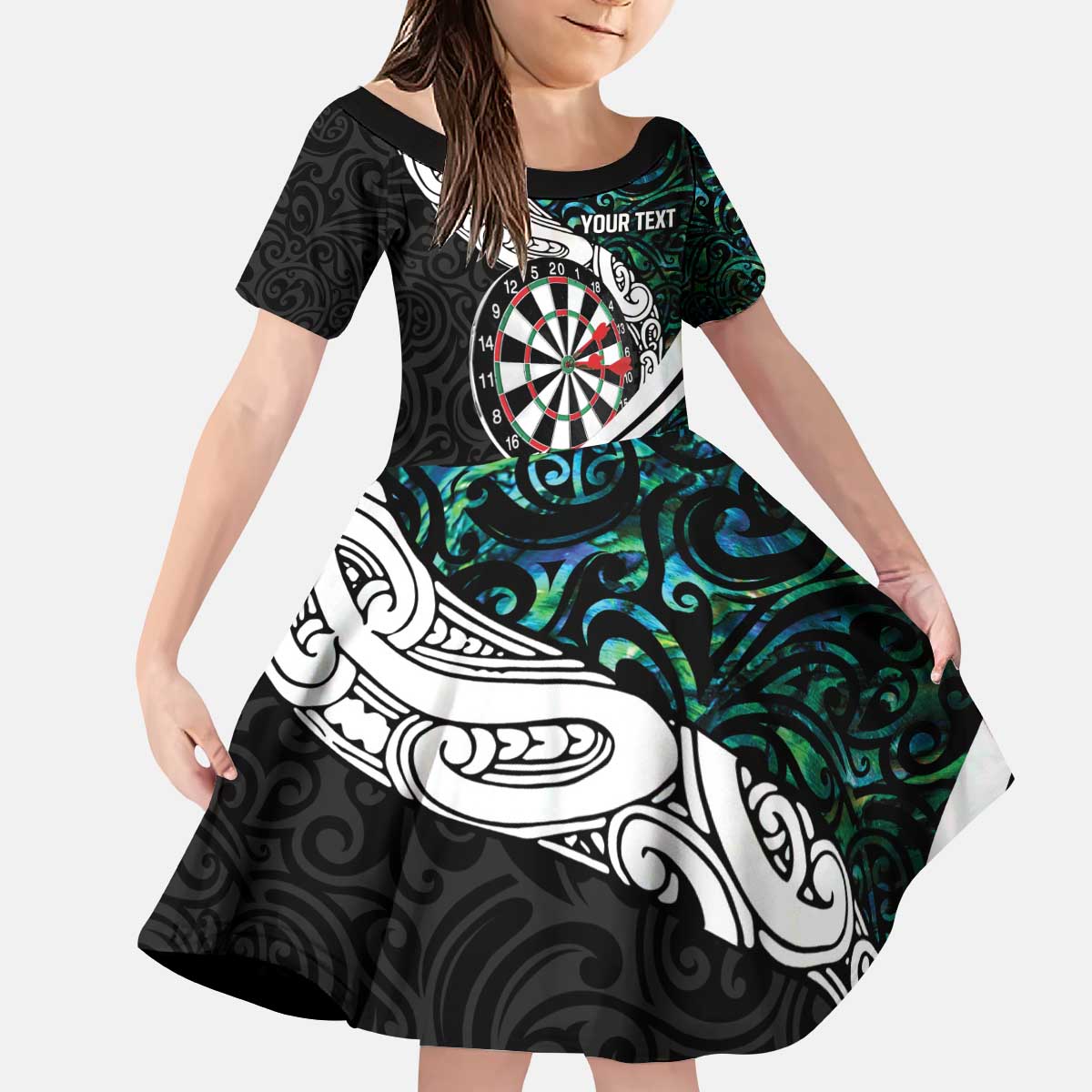 Personalized NZ Darts Kid Short Sleeve Dress Paua Shell Maori Koru Whakairo LT7 KID Colorful - Polynesian Pride