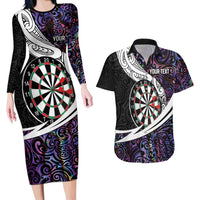 Personalized NZ Darts Couples Matching Long Sleeve Bodycon Dress and Hawaiian Shirt Paua Shell Maori Koru Whakairo - Purple LT7 Purple - Polynesian Pride