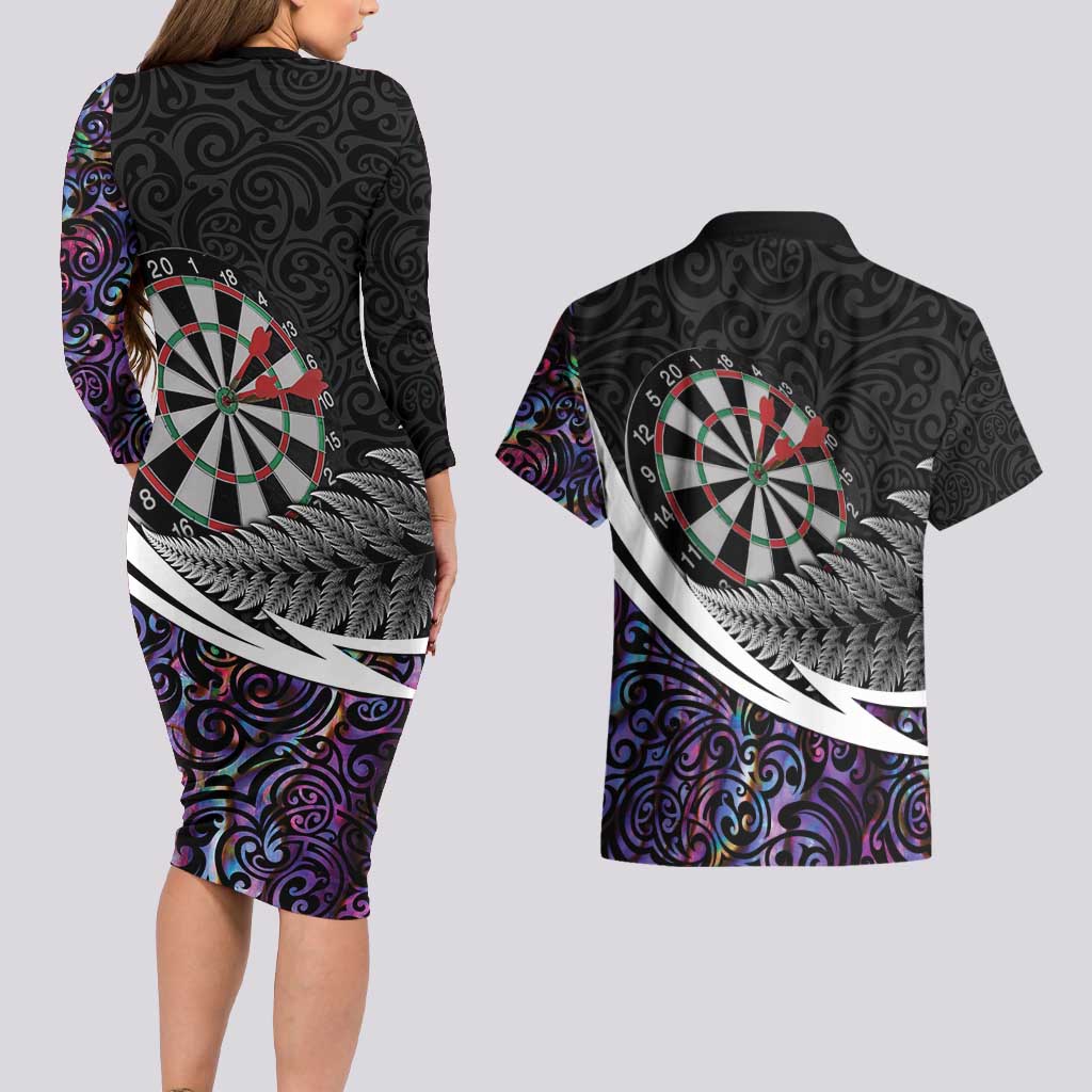 Personalized NZ Darts Couples Matching Long Sleeve Bodycon Dress and Hawaiian Shirt Paua Shell Maori Koru Whakairo - Purple LT7 - Polynesian Pride