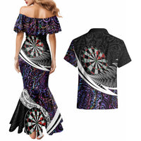 Personalized NZ Darts Couples Matching Mermaid Dress and Hawaiian Shirt Paua Shell Maori Koru Whakairo - Purple LT7 - Polynesian Pride