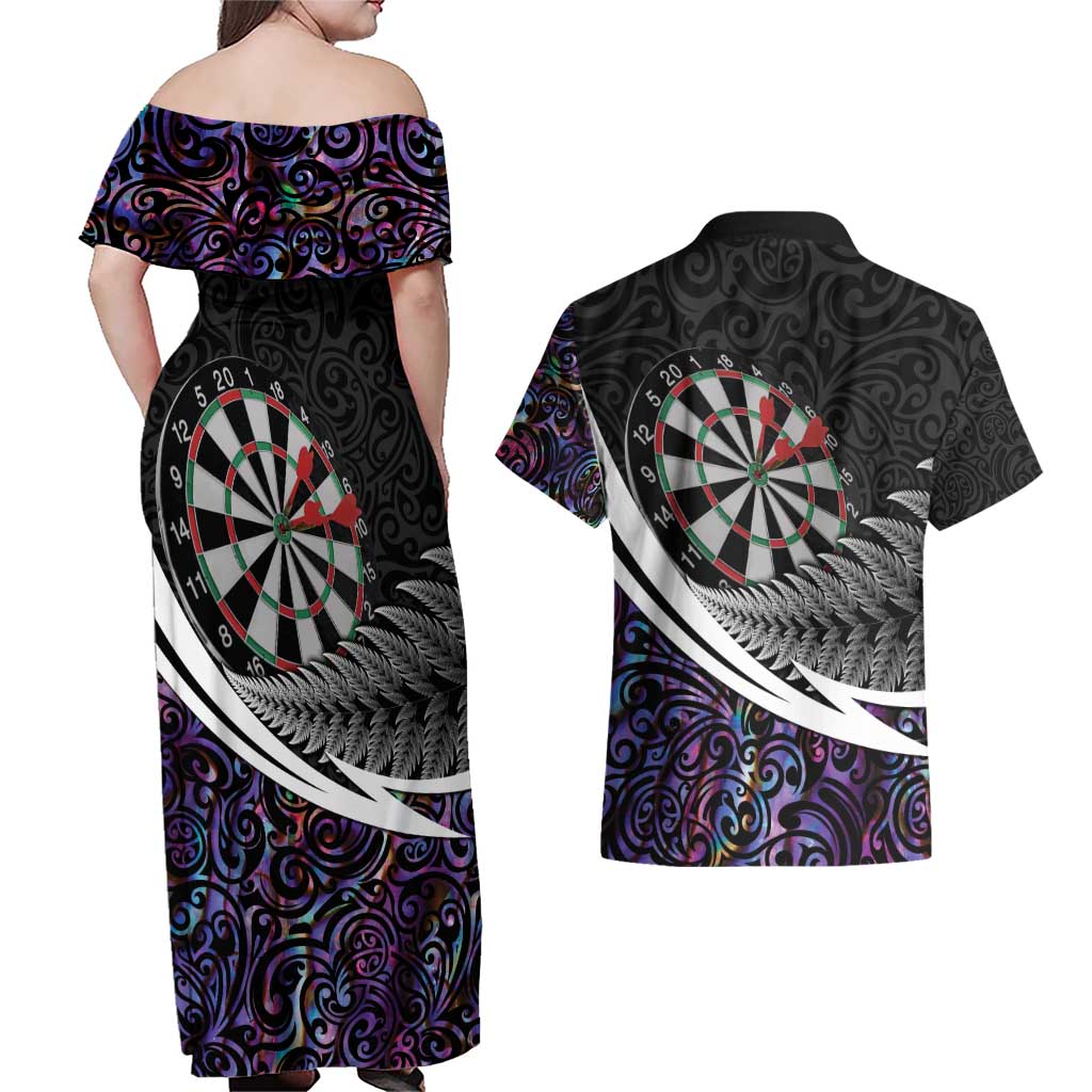 Personalized NZ Darts Couples Matching Off Shoulder Maxi Dress and Hawaiian Shirt Paua Shell Maori Koru Whakairo - Purple LT7 - Polynesian Pride
