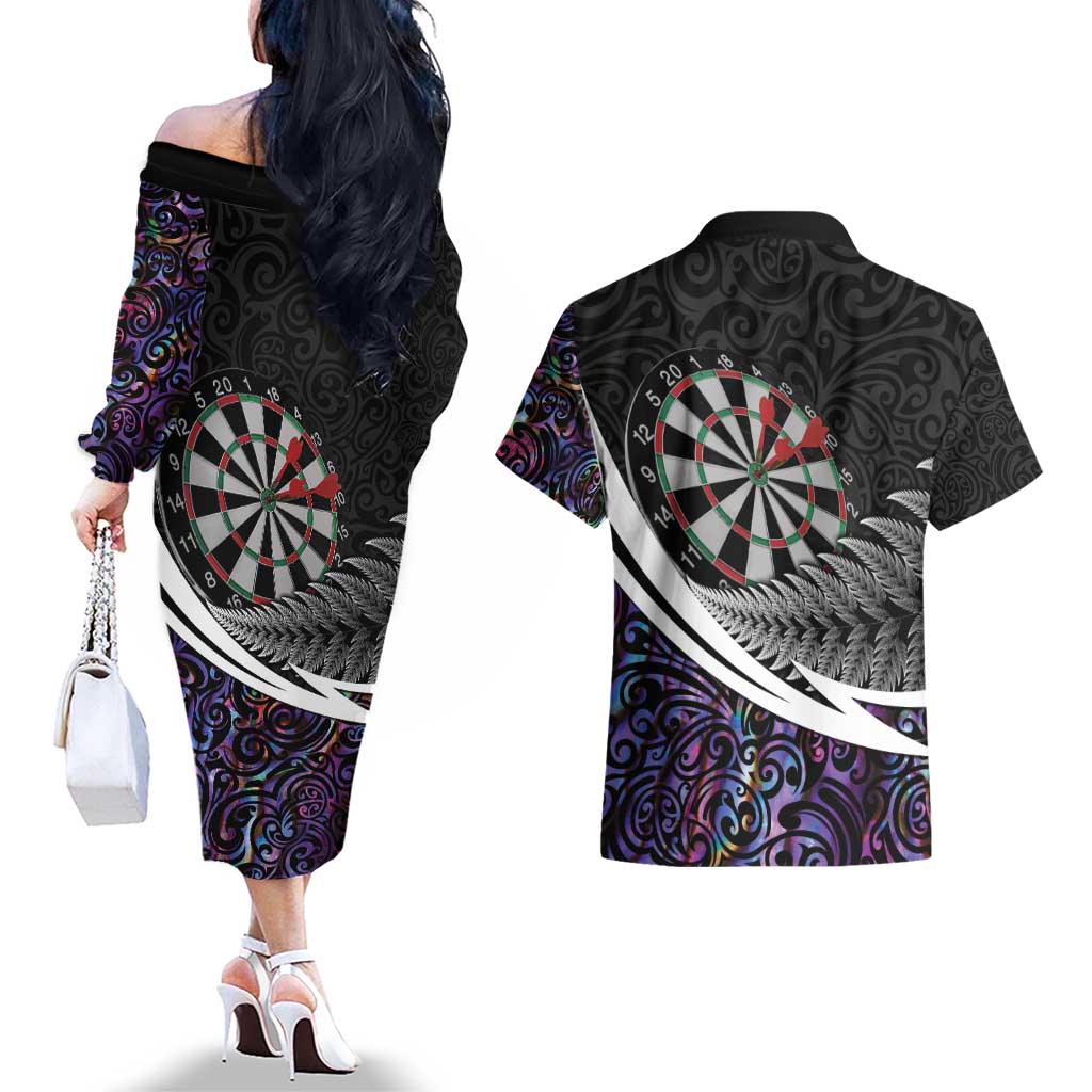 Personalized NZ Darts Couples Matching Off The Shoulder Long Sleeve Dress and Hawaiian Shirt Paua Shell Maori Koru Whakairo - Purple LT7 - Polynesian Pride