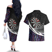 Personalized NZ Darts Couples Matching Off The Shoulder Long Sleeve Dress and Hawaiian Shirt Paua Shell Maori Koru Whakairo - Purple LT7 - Polynesian Pride