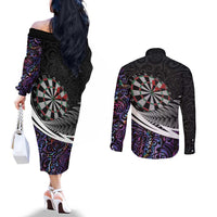 Personalized NZ Darts Couples Matching Off The Shoulder Long Sleeve Dress and Long Sleeve Button Shirt Paua Shell Maori Koru Whakairo - Purple LT7 - Polynesian Pride