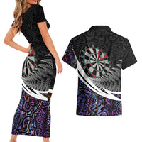 Personalized NZ Darts Couples Matching Short Sleeve Bodycon Dress and Hawaiian Shirt Paua Shell Maori Koru Whakairo - Purple LT7 - Polynesian Pride