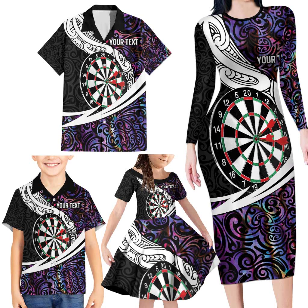 Personalized NZ Darts Family Matching Long Sleeve Bodycon Dress and Hawaiian Shirt Paua Shell Maori Koru Whakairo - Purple LT7 - Polynesian Pride