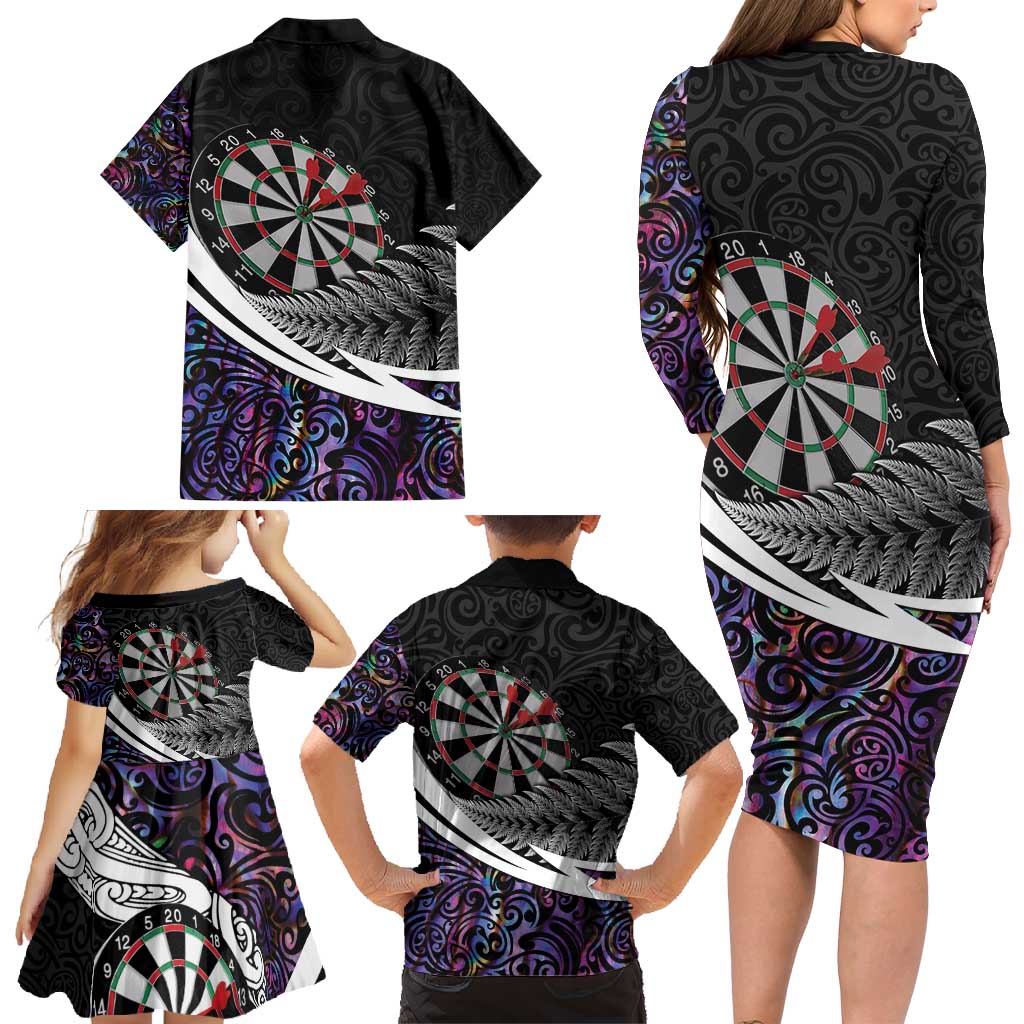 Personalized NZ Darts Family Matching Long Sleeve Bodycon Dress and Hawaiian Shirt Paua Shell Maori Koru Whakairo - Purple LT7 - Polynesian Pride