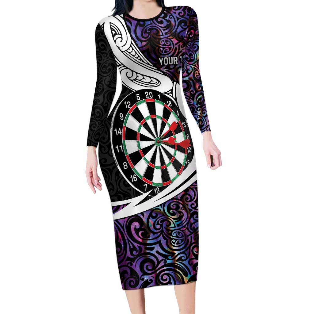 Personalized NZ Darts Family Matching Long Sleeve Bodycon Dress and Hawaiian Shirt Paua Shell Maori Koru Whakairo - Purple LT7 Mom's Dress Purple - Polynesian Pride