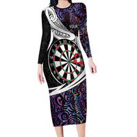 Personalized NZ Darts Family Matching Long Sleeve Bodycon Dress and Hawaiian Shirt Paua Shell Maori Koru Whakairo - Purple LT7 Mom's Dress Purple - Polynesian Pride