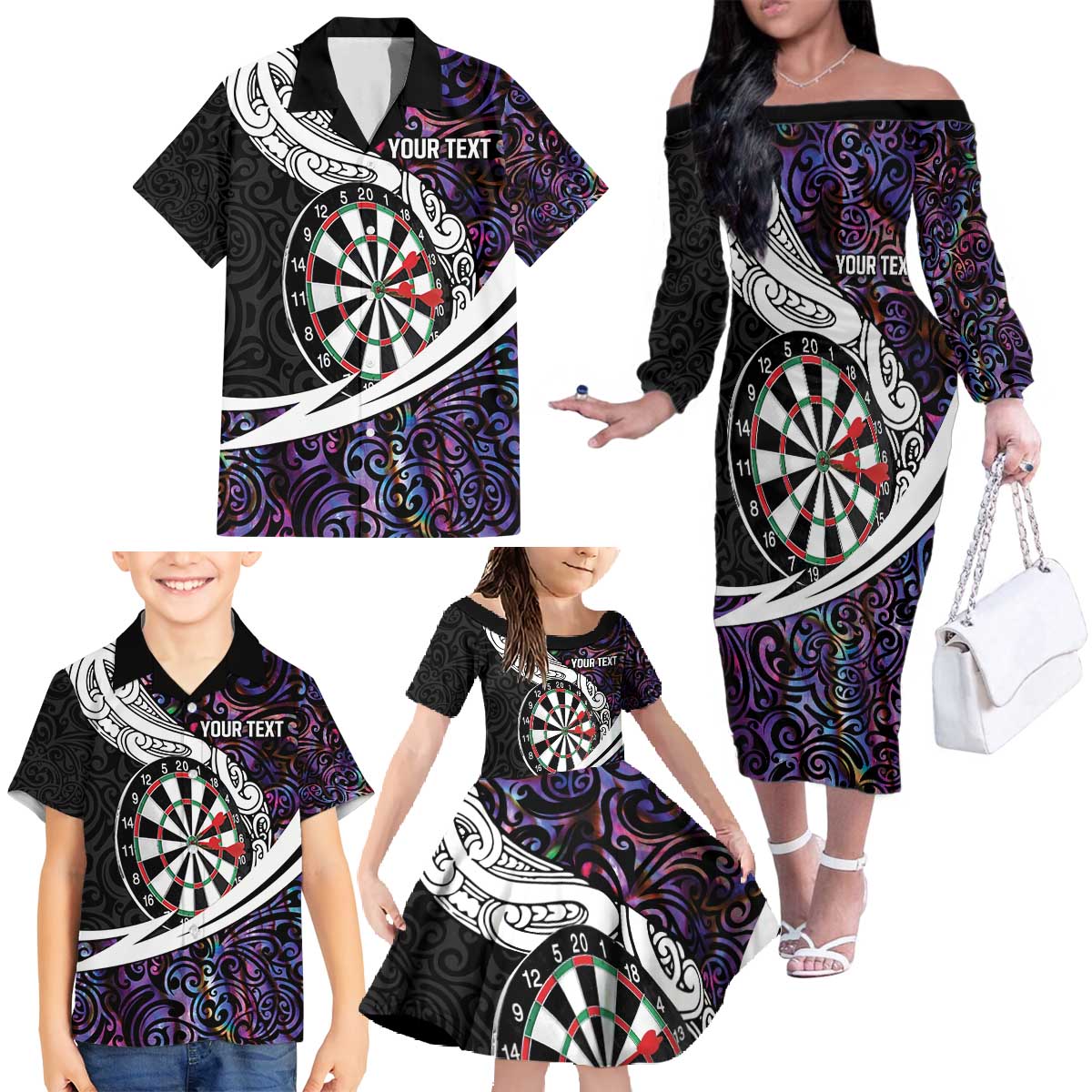 Personalized NZ Darts Family Matching Off The Shoulder Long Sleeve Dress and Hawaiian Shirt Paua Shell Maori Koru Whakairo - Purple LT7 - Polynesian Pride