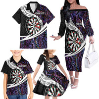 Personalized NZ Darts Family Matching Off The Shoulder Long Sleeve Dress and Hawaiian Shirt Paua Shell Maori Koru Whakairo - Purple LT7 - Polynesian Pride