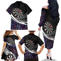 Personalized NZ Darts Family Matching Off The Shoulder Long Sleeve Dress and Hawaiian Shirt Paua Shell Maori Koru Whakairo - Purple LT7 - Polynesian Pride